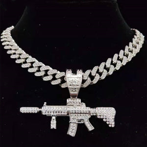 Open image in slideshow, Iced Out Submachine Gun Pendant Necklace with 13mm Miami Cuban Chain
